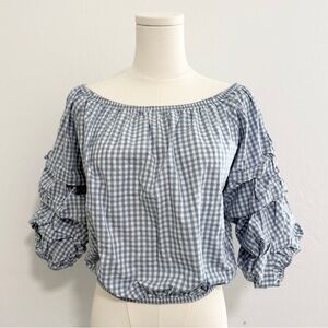 Heart and Hips Blue Gingham off shoulder crop top